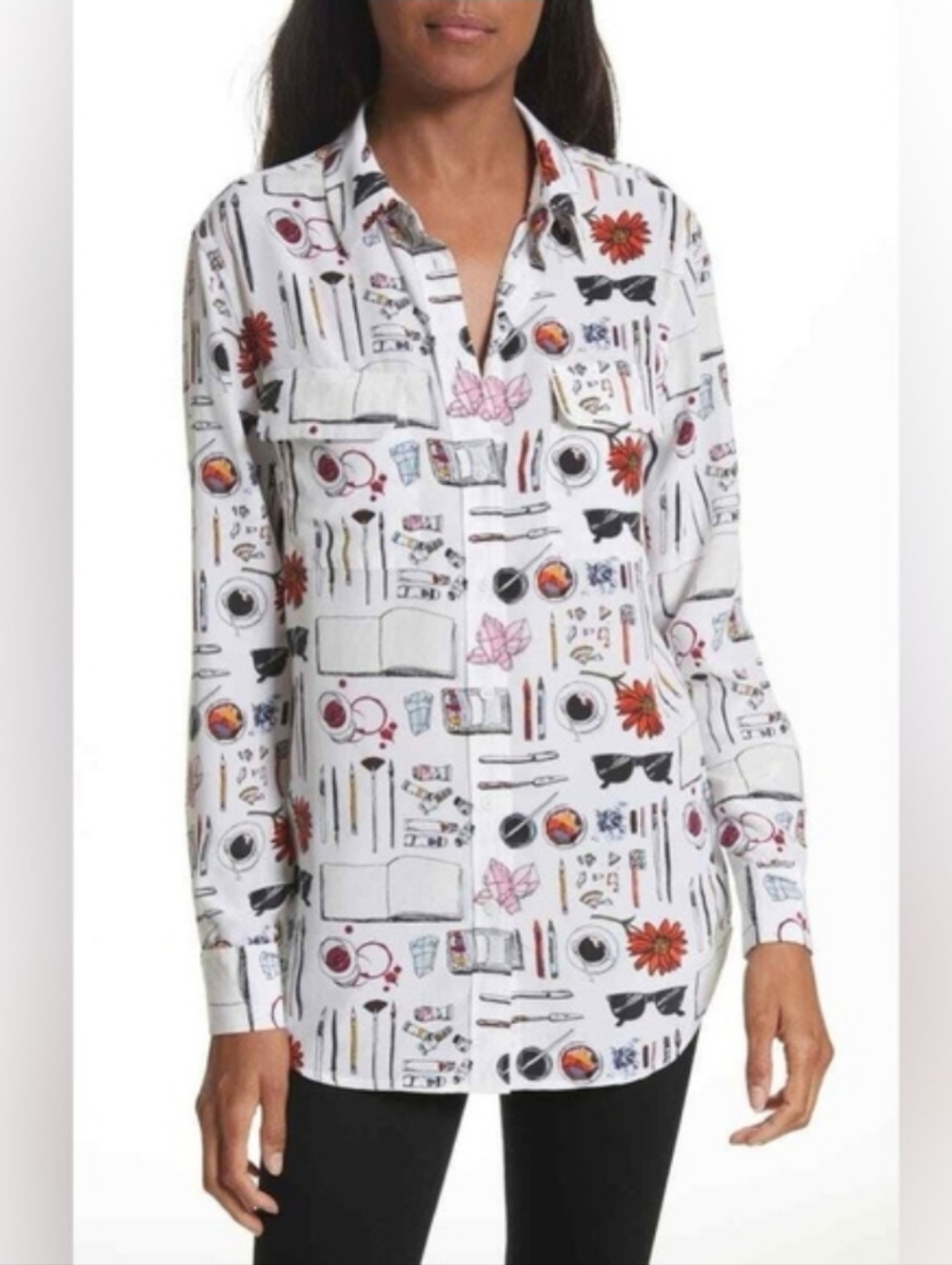Equipment Slim Signature Print Silk Long Sleeve Button Down Shirt NWT Size XS